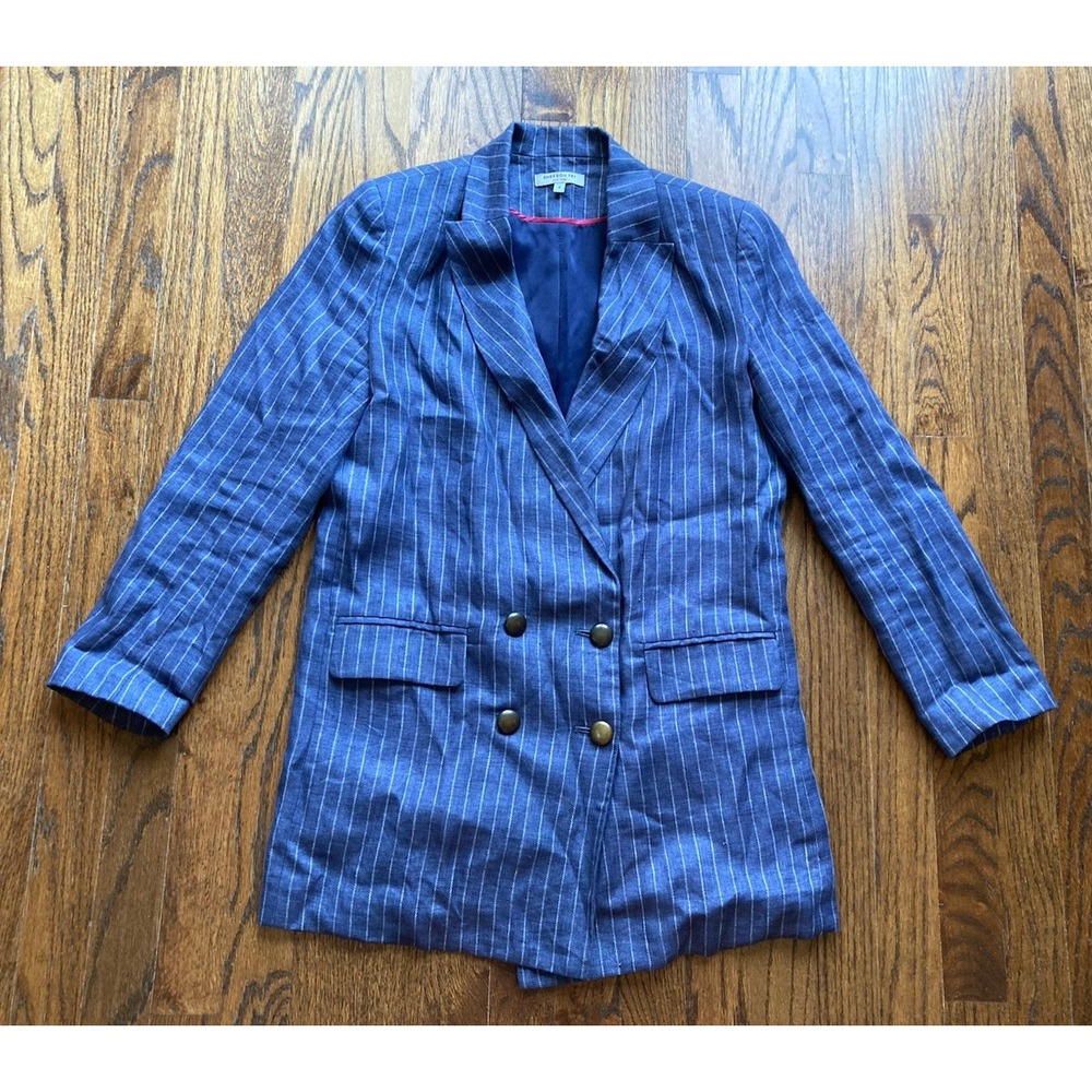 Emerson Fry Blazer Jacket Womens Size 4 100% Linen Pinstripe Double Breasted
